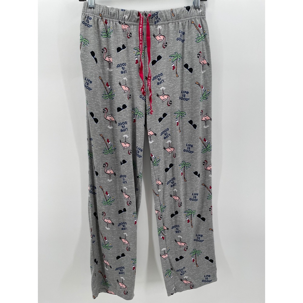 Life‎ is Good Sleep Pajama Pants Womens Small Grey Christmas Flamingo Tropical